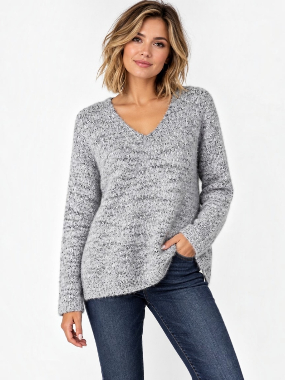 SO Marled Eyelash Fuzzy Oversized V-Neck Sweater – Size Large